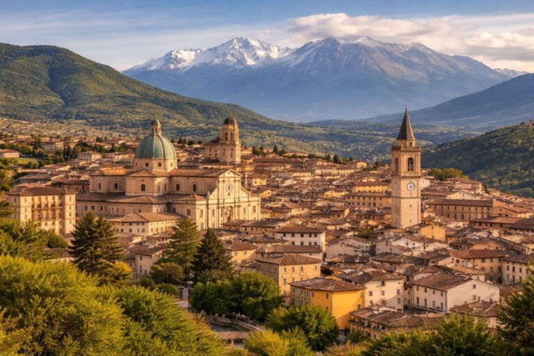 L’Aquila historic center with Basilica dome and bell tower against the Gran Sasso mountains in Abruzzo