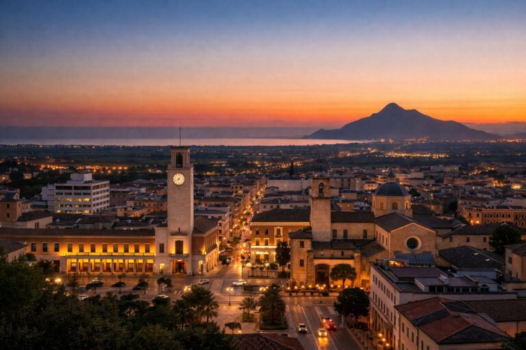 Evening view of Latina’s rationalist central square with clock tower, gridded streets, and distant Monte Circeo and coastline under warm twilight light.