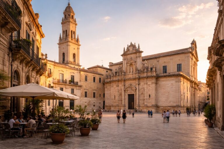 Lecce historic piazza with Baroque stone façades and mixed-age pedestrians in warm evening light, Puglia.