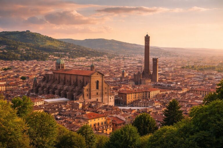 Living in Emilia Romagna skyline of Bologna under warm light, showing porticoes and dense urban fabric