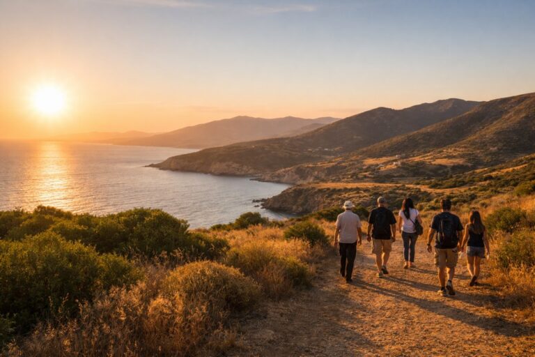 Living in Sardegna: expansive coastal landscape with locals walking at golden hour