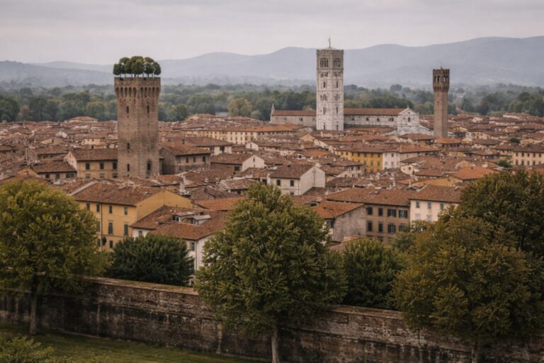 Lucca skyline with medieval towers and city walls under overcast light.