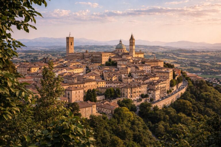 Macerata hilltop historic center overlooking inland Marche countryside.