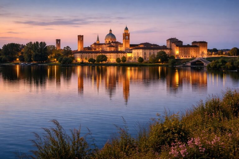 Evening view of Mantova’s historic center reflected in the surrounding lakes.
