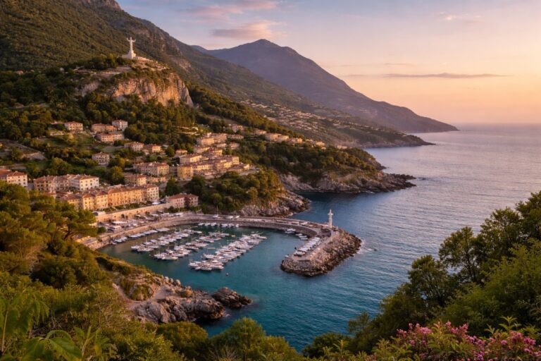 Maratea coastline with Monte San Biagio and the Christ the Redeemer statue in Basilicata, Italy.