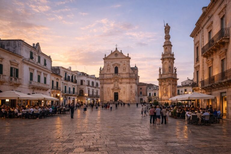 Martina Franca piazza with Baroque façades, basilica frontage, and mixed-age locals gathered at dusk in inland Puglia.