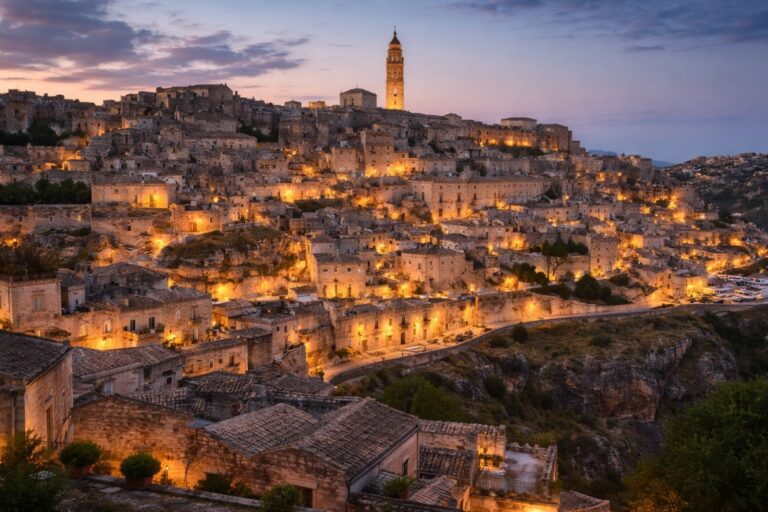 Matera Sassi overlooking the Gravina canyon at dusk in Basilicata, Italy.