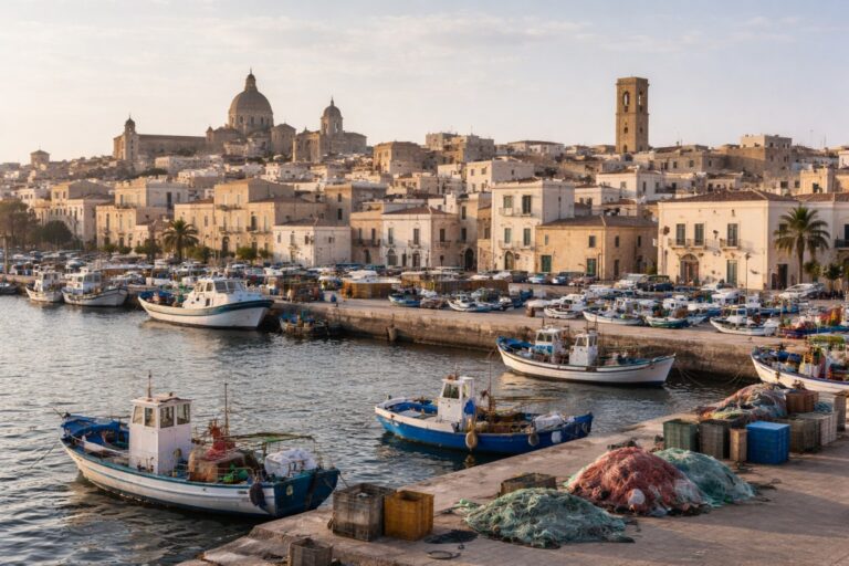 Mazara del Vallo fishing harbor with small boats and nets in the foreground and low flat-roofed buildings behind.
