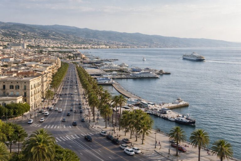Messina waterfront facing the Strait with Calabria visible across the water and ferry traffic in neutral late-afternoon light.