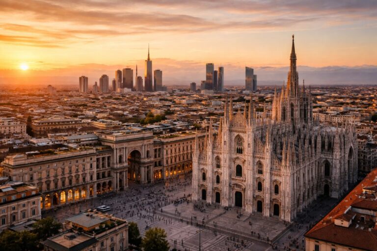 Aerial view of central Milan with the Duomo and modern business districts at sunset.
