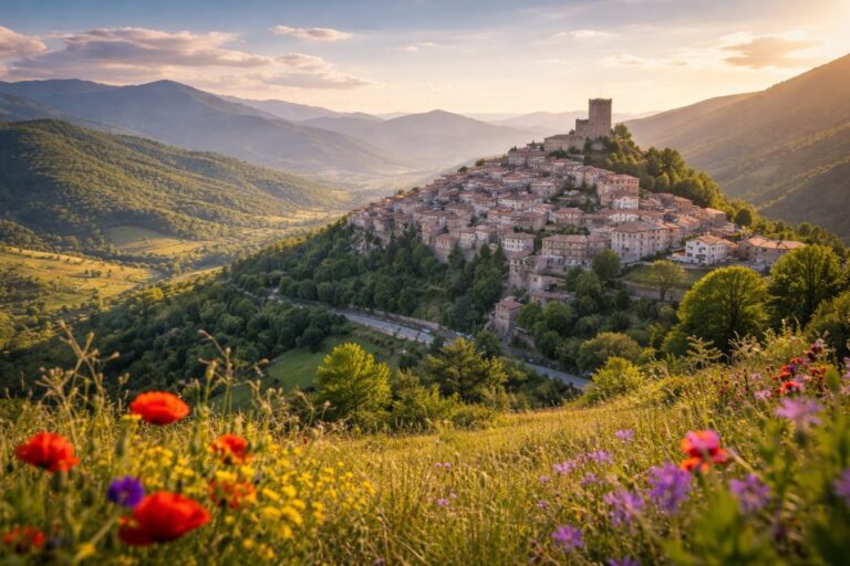 Living in Molise: Inland hilltop village at golden hour with mountains and quiet valley below.