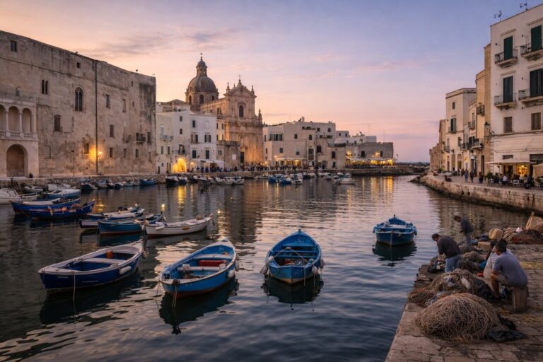 Monopoli harbor at twilight with small fishing boats, stone buildings, and locals along the quay in Puglia.