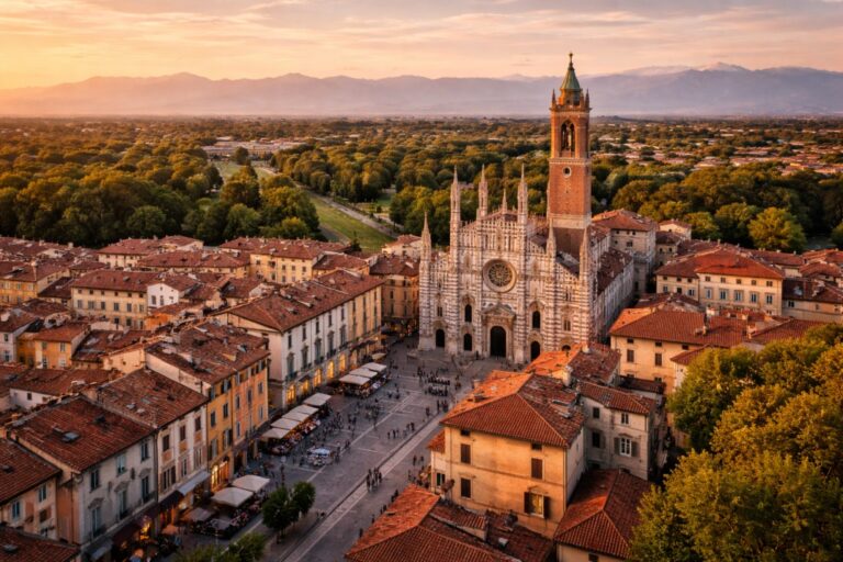 Aerial view of Monza historic center with the Cathedral and surrounding residential streets.
