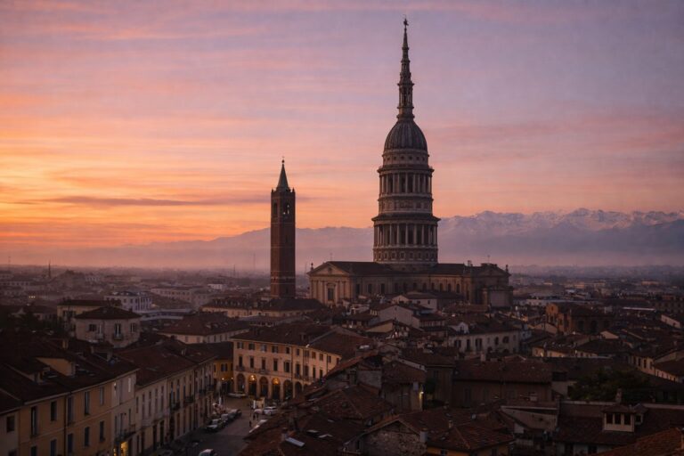 Novara cityscape at dawn with the Basilica of San Gaudenzio and the Alps in the background