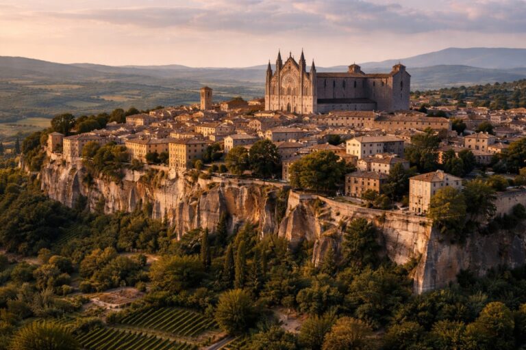 Orvieto in Umbria perched on a tuff cliff plateau with cathedral above open countryside