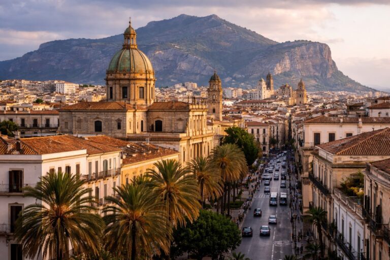 Palermo cityscape at dusk with Monte Pellegrino in the background and palm-lined streets below.