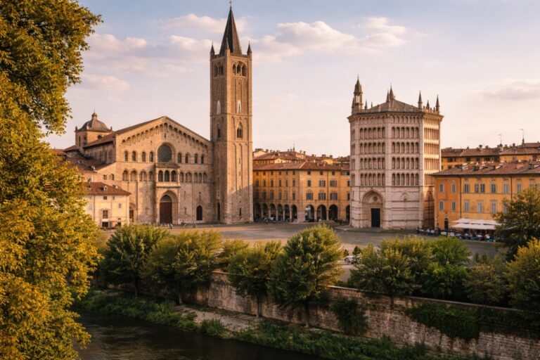 Parma Cathedral and Baptistery in Piazza Duomo with Romanesque façade and striped marble exterior