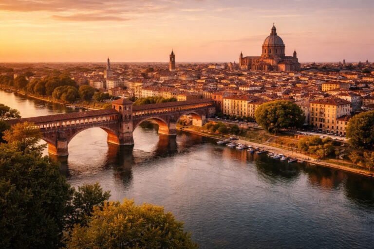 Aerial view of Pavia with the Ponte Coperto crossing the Ticino River and the historic city center.
