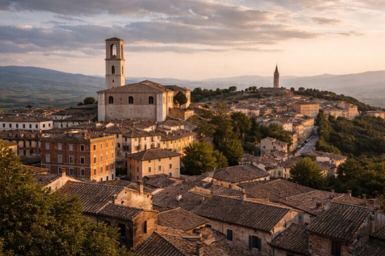 Perugia hilltop city in Umbria at golden hour, dense stone buildings and institutional skyline above surrounding valleys