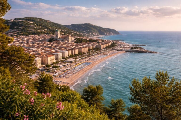 Pesaro seafront and urban coastline in Marche, Italy.
