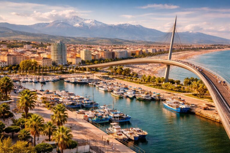 Pescara harbor and Ponte del Mare bridge with Adriatic coastline in Abruzzo