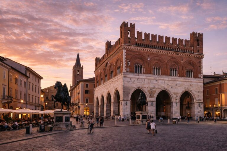 Piazza Cavalli in Piacenza with Palazzo Gotico and equestrian statues