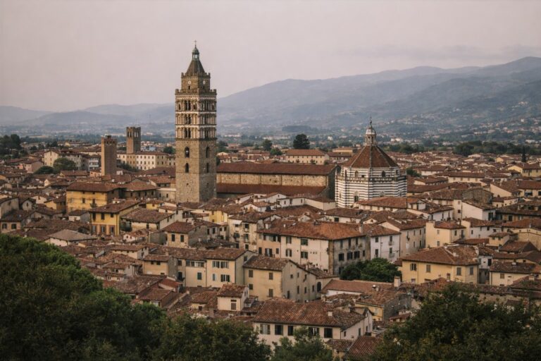 Pistoia skyline with cathedral bell tower and dense rooftops against the Apennine foothills.