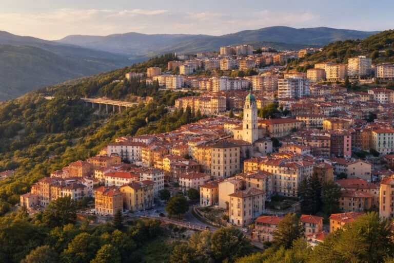 Potenza hillside skyline with cathedral tower and viaduct in Basilicata, Italy.