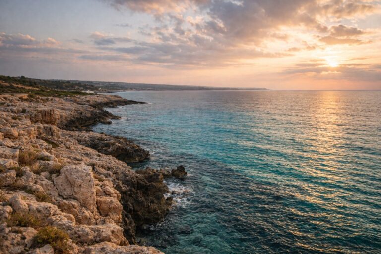 Puglia coastline with rocky Adriatic shore and open sea horizon.