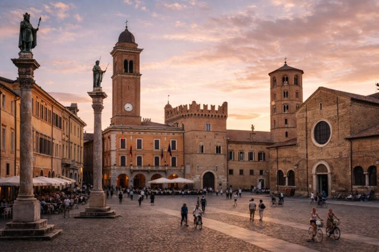 Piazza del Popolo in Ravenna with the Venetian columns, Palazzo Comunale and brick bell towers at sunset