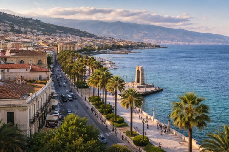 Lungomare Falcomatà promenade in Reggio Calabria with Strait of Messina and Sicily visible.