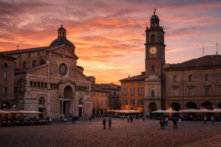 Piazza Prampolini in Reggio Emilia with the Cathedral and Torre del Bordello at sunset