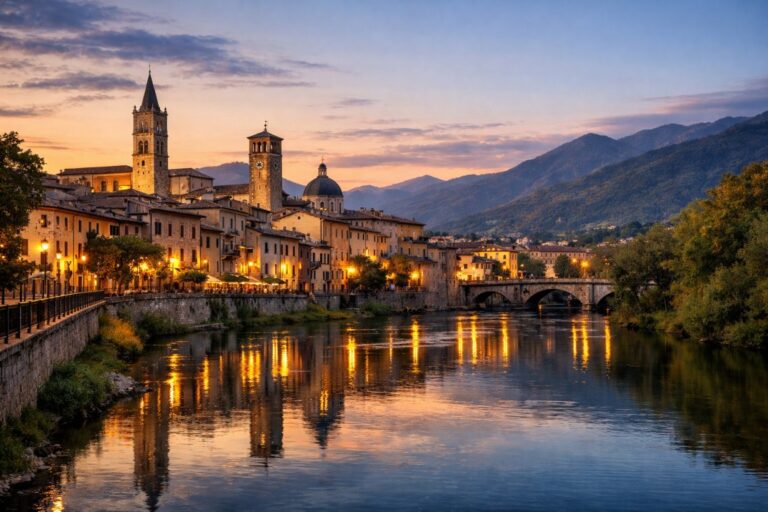 Rieti at dusk with the Velino river reflecting town lights, stone bridge, cathedral dome, and Apennine mountains behind.