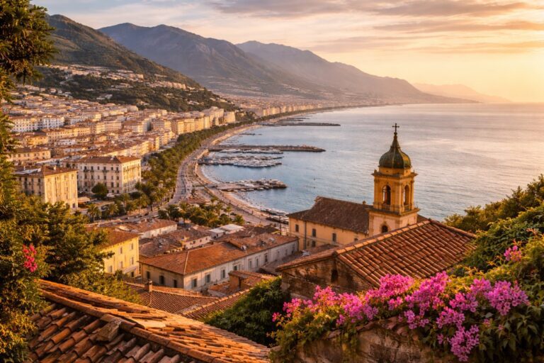 Salerno coastline with seaside promenade and mountain backdrop in Campania, Italy.