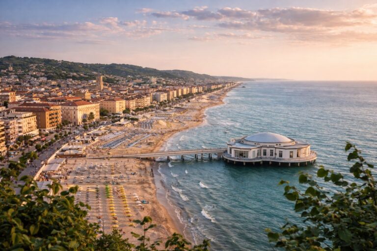 Senigallia coastline and Rotonda a Mare on the Adriatic Sea in Marche, Italy.