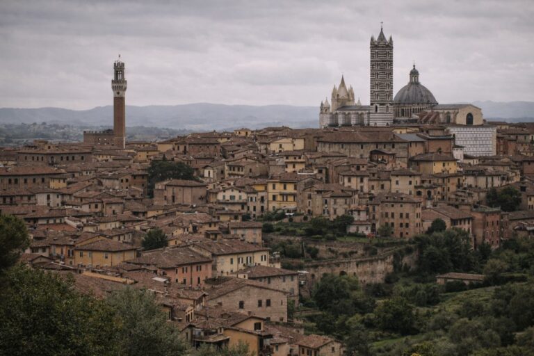 Siena skyline with cathedral and Torre del Mangia under muted overcast light.