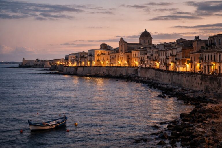 Siracusa Ortigia waterfront at dusk with stone walls, warm-lit buildings, and calm harbor water.