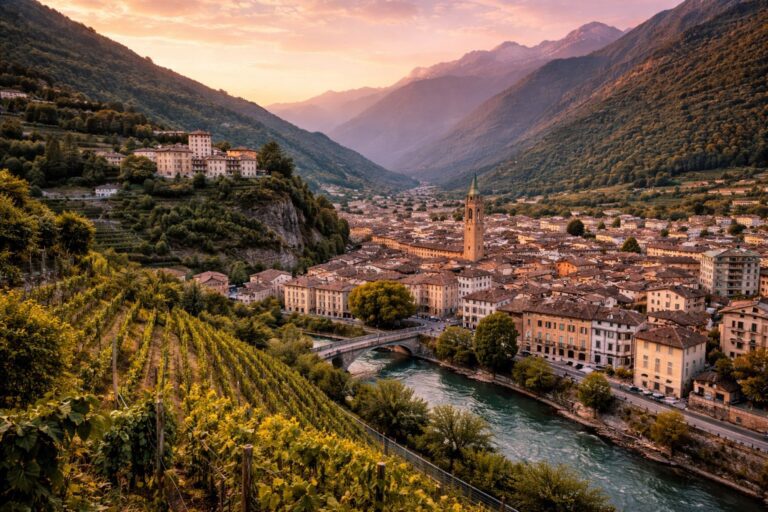 Elevated view of Sondrio in the Valtellina valley with terraced vineyards, the Adda River, and surrounding Alps.