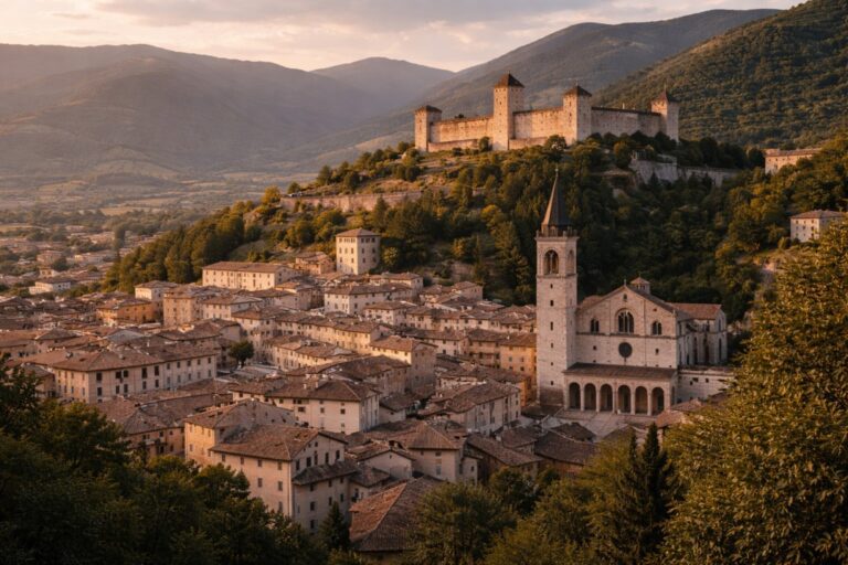 Spoleto in Umbria with hilltop fortress above dense stone buildings and cathedral tower, enclosed by wooded slopes