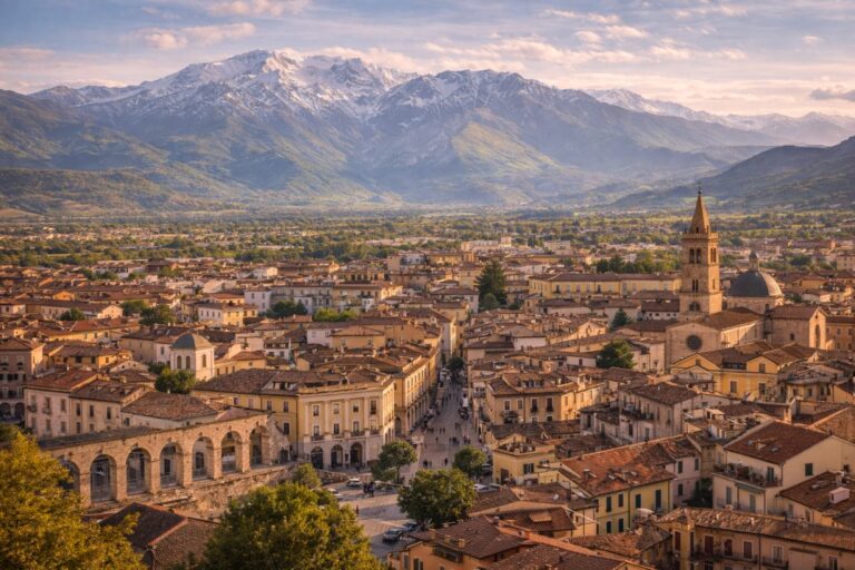 Sulmona historic center with medieval aqueduct and Majella mountains in Abruzzo