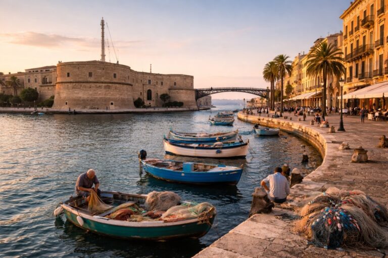 Taranto waterfront with Castello Aragonese, small fishing boats, and mixed-age locals along the quay in Puglia.