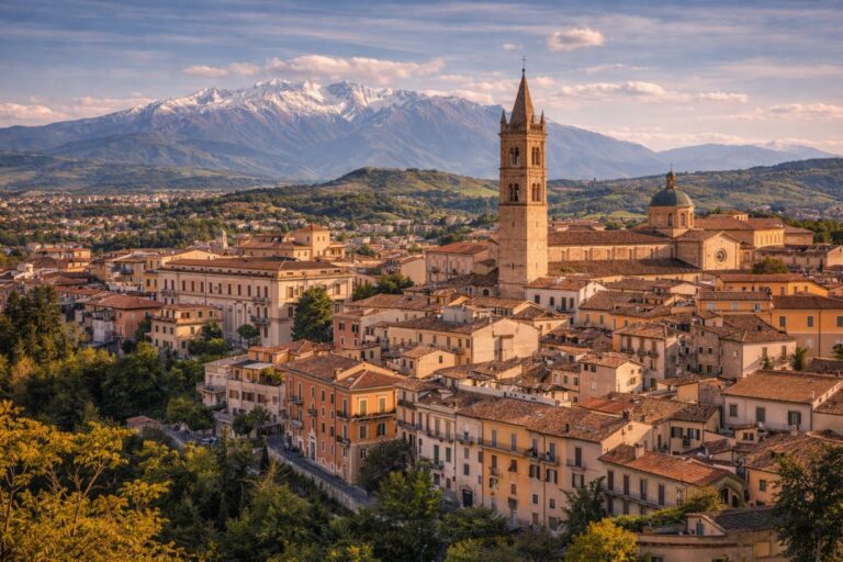 Teramo historic center with cathedral bell tower and Gran Sasso foothills in Abruzzo