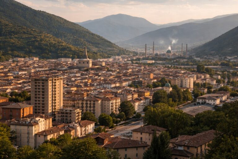 Terni in Umbria set in a valley between wooded hills, with dense urban blocks and visible industrial chimneys at golden hour