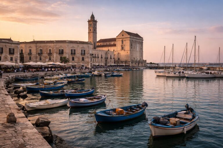 Trani harbor with cathedral facing the sea, fishing boats in the foreground, and evening pedestrians along the waterfront in Puglia.
