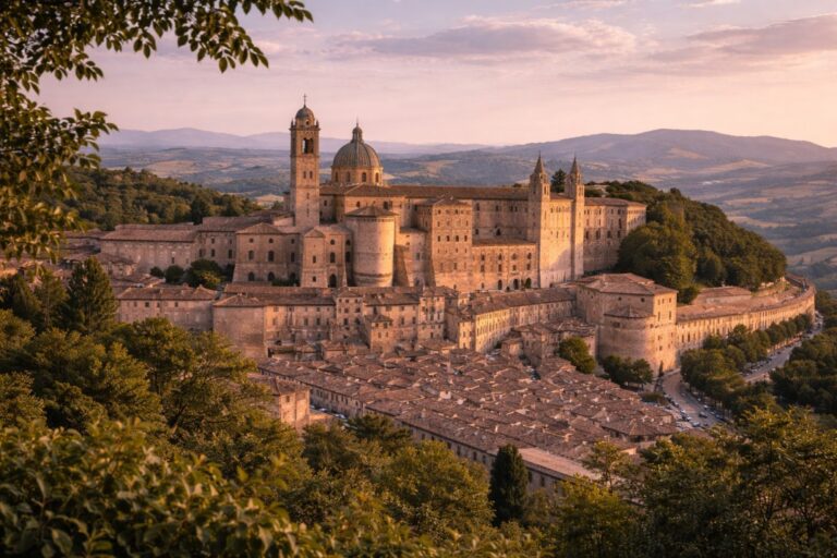 Urbino hilltop historic center and Palazzo Ducale in Marche, Italy.