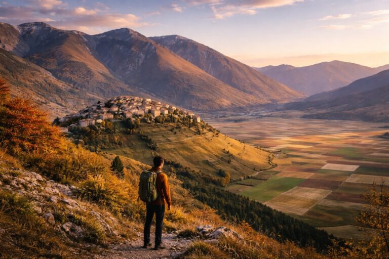 Hilltop village of Castelluccio overlooking high-altitude plain in Valnerina, Umbria with surrounding Sibillini mountains