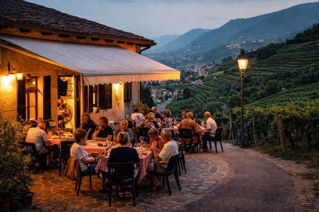 Locals dining outside a small osteria in the Pedemontana Trevigiana with vineyard hills in the background at dusk.