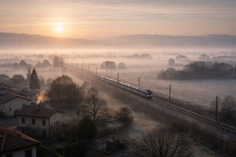 Fog lifting over the Veneto plain near an inland city at sunrise, with a commuter rail line.