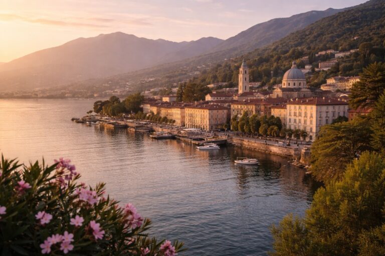 Verbania waterfront at dawn along Lake Maggiore with mountains behind