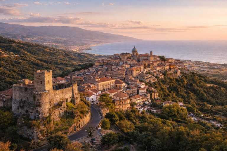 Castello Normanno-Svevo overlooking Vibo Valentia with Tyrrhenian coast in the distance.